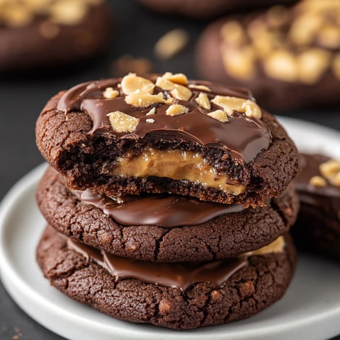 A plate of Buckeye Brownie Cookies with chocolate and peanut butter toppings.