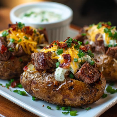 A plate of delicious Loaded Baked Potato Steak Bites.