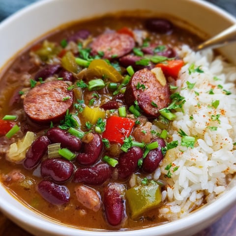 A bowl of red beans and rice with a spoon in it.