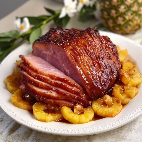 A glazed ham with pineapple and brown sugar topping.