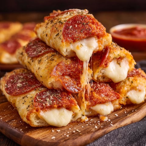 A stack of stuffed crust pizza snacks with cheese and pepperoni toppings.