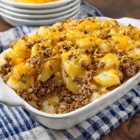A delicious Ground Beef Potato Casserole is ready to be served.