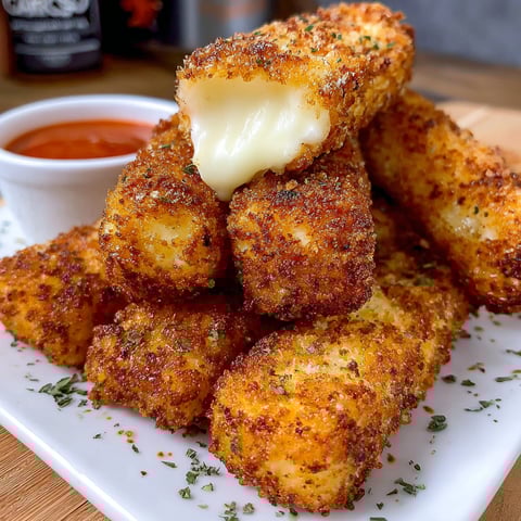 A plate of Nashville Hot Mozzarella Sticks with a dipping sauce.