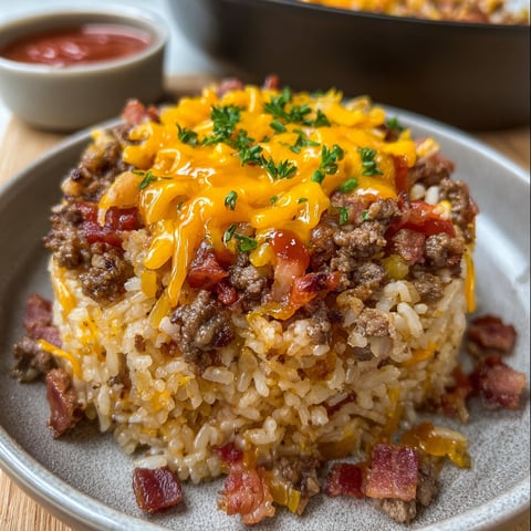 A delicious Bacon Cheeseburger Rice stack is served on a plate.