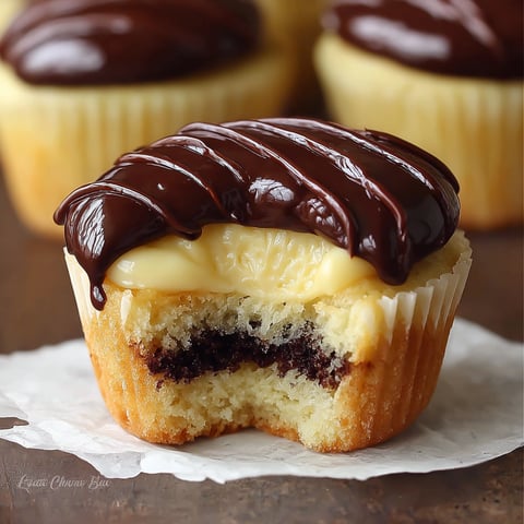 A delicious Boston Cream Pie Cupcake with a chocolate swirl on top.