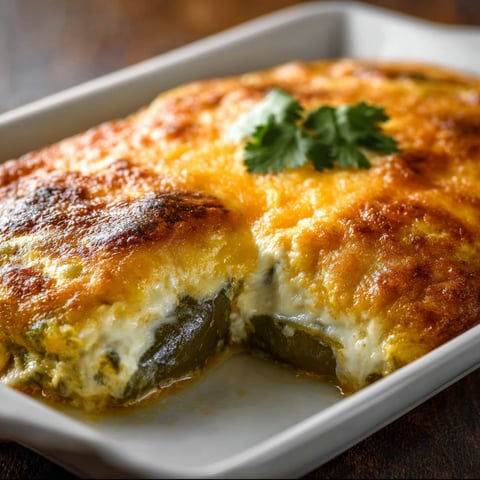 A delicious chile rellenos casserole is served in a white dish.