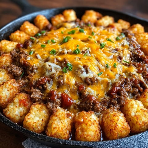 A skillet filled with a delicious Tater Tot Sloppy Joe dish.