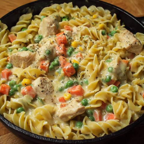 A delicious creamy chicken pot pie pasta dish is served in a black pan.