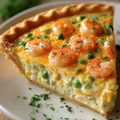 A slice of Florida Shrimp Cheddar Pie on a plate.