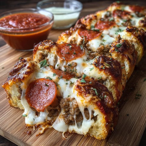 A delicious Meat Lovers Pizza Bread is displayed on a wooden cutting board, ready to be sliced and enjoyed.