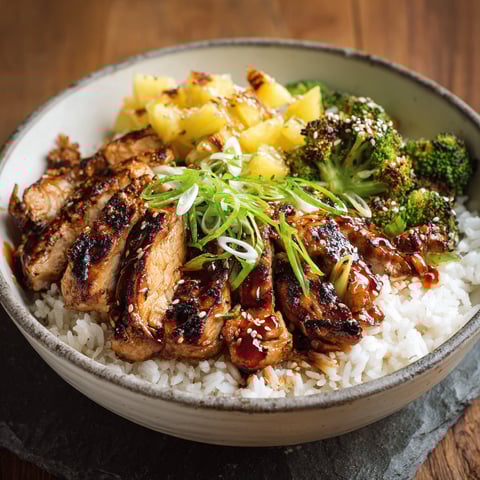 A delicious Huli Huli Chicken Rice Bowl is served in a bowl with rice, broccoli, and pineapple chunks.