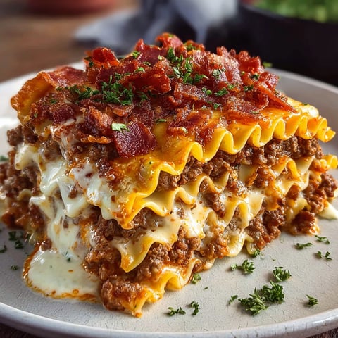 A delicious Parmesan Garlic Bacon Cheeseburger Lasagna is served on a white plate.
