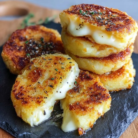 A stack of cheesy stuffed potato cakes on a black cutting board.