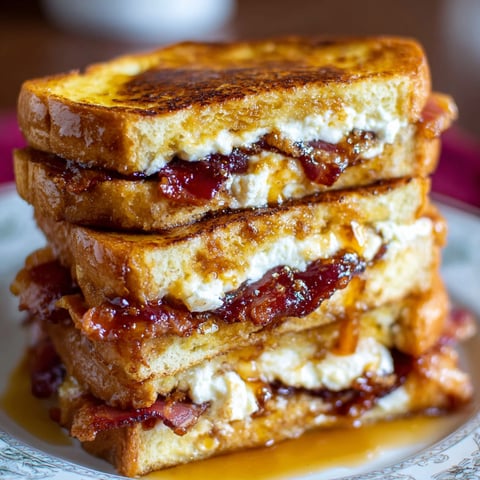 A stack of bacon stuffed French toast on a plate.