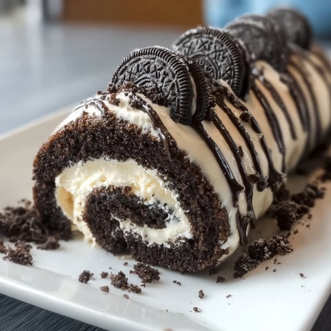 A delicious Oreo Cream Chocolate Roll is displayed on a plate, ready to be enjoyed.