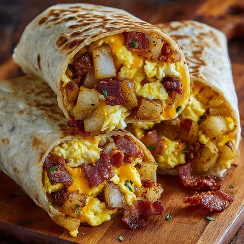A delicious bacon egg cheese breakfast burrito is served on a wooden cutting board.