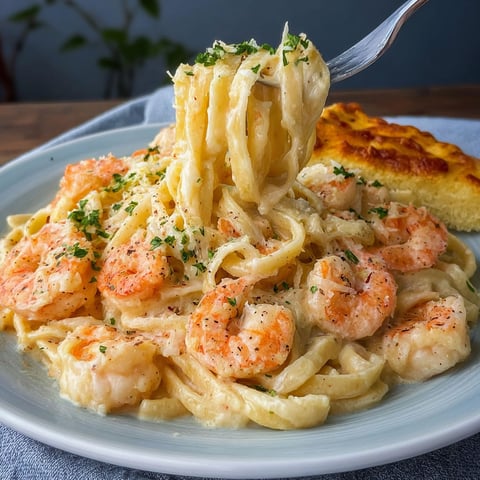 A delicious Shrimp Alfredo Pasta Recipe is served on a plate.