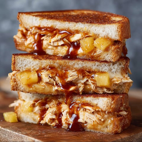 A delicious BBQ Chicken Pineapple Grilled Cheese sandwich is stacked on a wooden table, ready to be enjoyed.