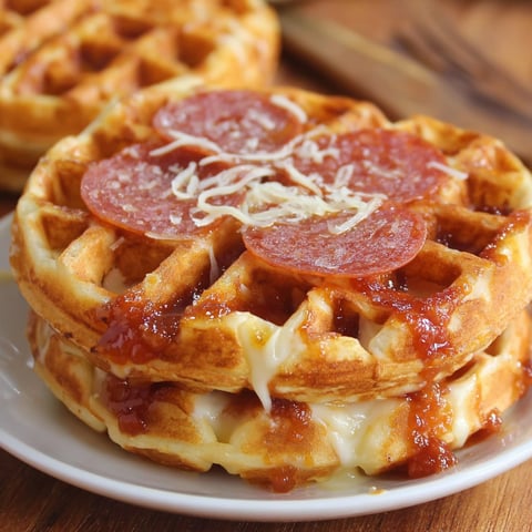 A plate of waffles with pepperoni and cheese on top.