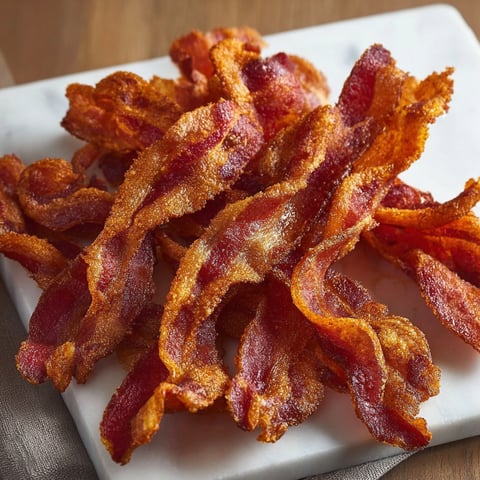 A plate of bacon strips is ready to be cooked in an air fryer.