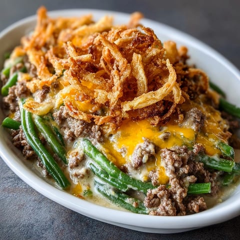A plate of Hamburger Green Bean Casserole with a fried onion on top.
