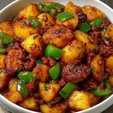 A bowl of stir-fried potatoes with minced meat, topped with green peppers and onions.