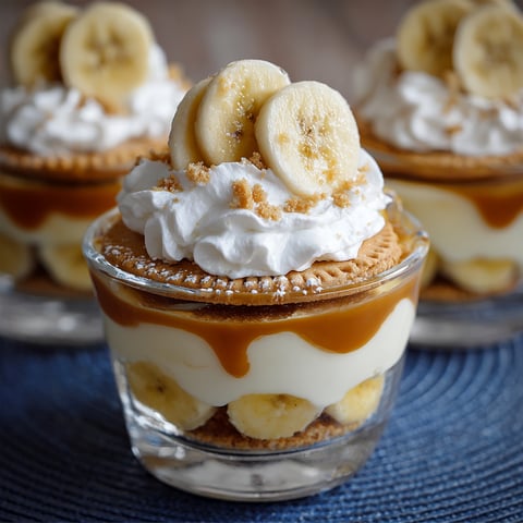 Two glasses filled with banana pudding topped with whipped cream and banana slices.
