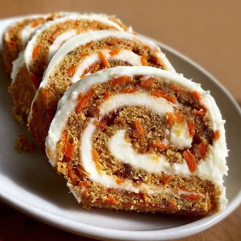 A delicious carrot cake roll recipe is displayed on a plate.