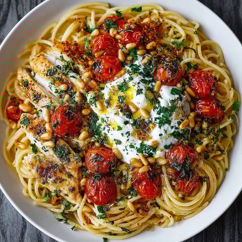 A delicious meal of chicken spaghetti with burrata and lemon butter garlic sauce.