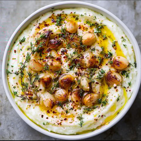 A bowl of mashed potatoes with roasted garlic and herbs.
