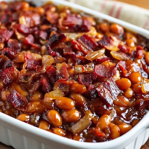 A white bowl filled with a delicious root beer baked bean dish.