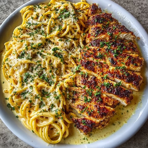 A plate of Garlic Parmesan Chicken Spaghetti in Spicy Cajun Cream Sauce.