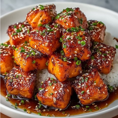 A plate of Honey Garlic Salmon Bites with rice and sauce.