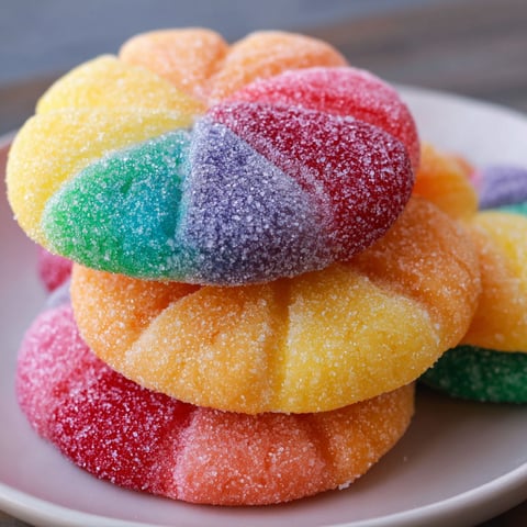 A plate of colorful sugar cookies with a rainbow pattern.