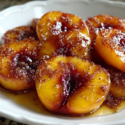 A plate of Southern Fried Peaches with a glaze on top.