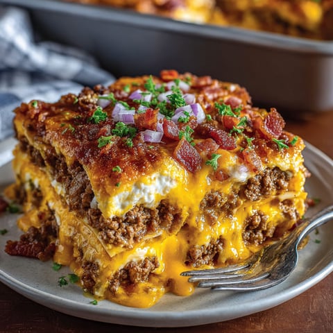 A delicious Bacon Cheeseburger Pan Lasagna is served on a plate.