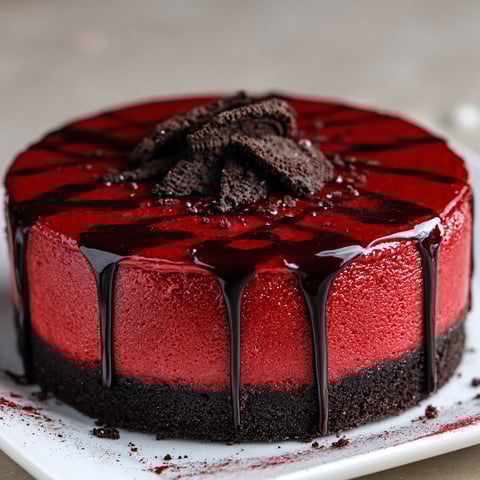 A slice of Vampire Bite Red Velvet Cheesecake with chocolate drizzle.