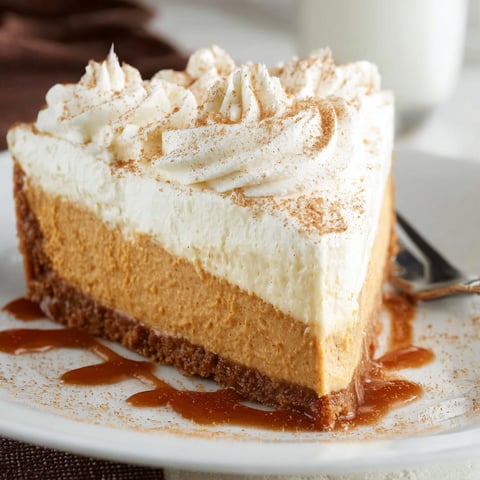 A slice of No Bake Pumpkin Cheesecake with caramel drizzle on a white plate.
