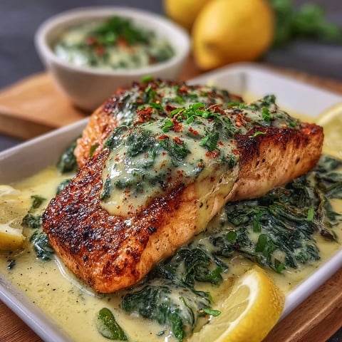 A delicious meal of baked salmon with creamy spinach sauce, accompanied by a side of lemon wedges.