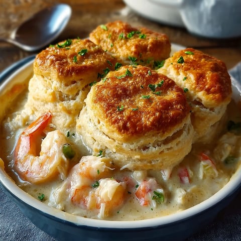 A bowl of Cheddar Bay Seafood Pie with a spoon inside.