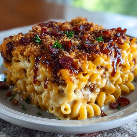 A delicious looking dish of Ooey Gooey BBQ Bacon Mac and Cheese Lasagna.