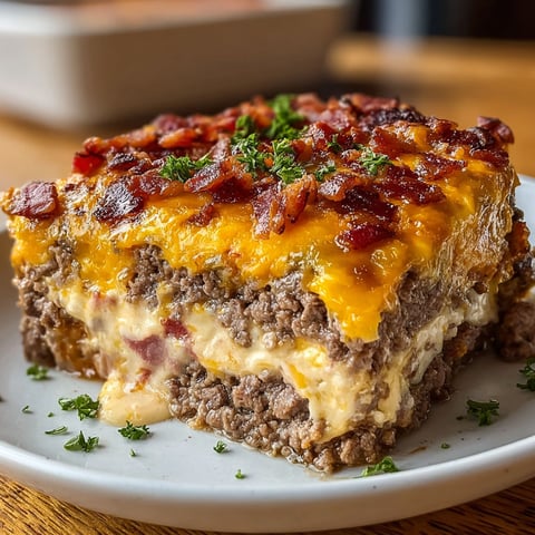A delicious Low Carb Bacon Cheeseburger Casserole is served on a white plate.