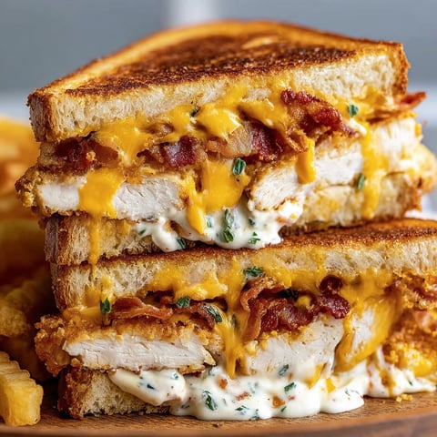 A delicious Cheddar Bacon Ranch Chicken Melt sandwich is served on a wooden table.