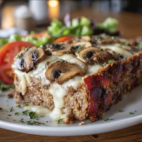 A delicious looking meatloaf with mushrooms and bacon on top, served on a white plate.