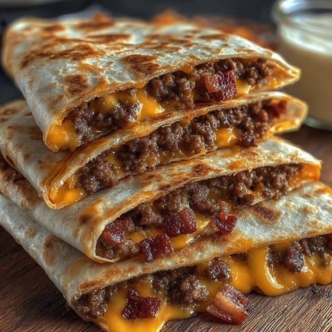 A stack of Maple Bacon Cheeseburger Quesadillas on a wooden table.