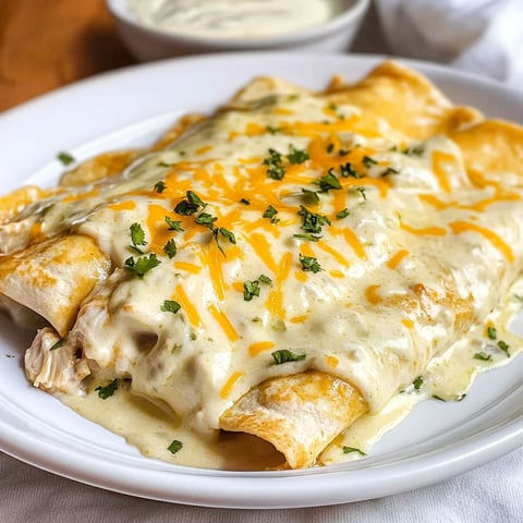 A delicious meal of white chicken enchiladas served on a white plate.