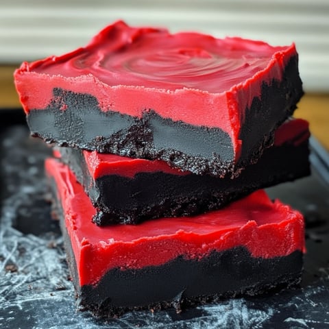 A close up of a slice of Vampire Fudge, a chocolate dessert with a red center.