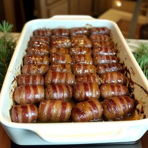 A pan of bacon wrapped smokies with brown sugar, ready to be cooked.