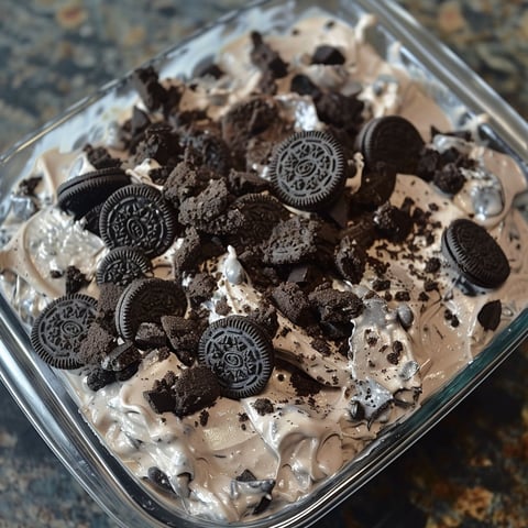 A close up of a delicious Oreo Mud Pie with chocolate and cookie pieces.