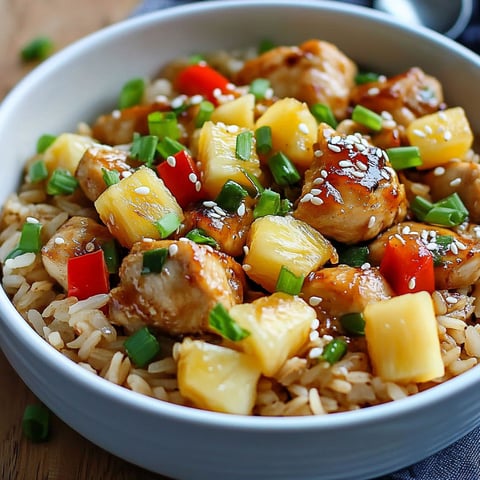 A bowl of rice and chicken with pineapple chunks on top.